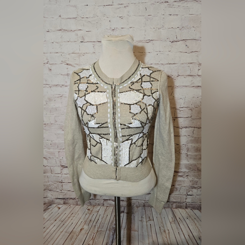 All Saints  Womens Sweater Sz 2   Embellished Sequin Cardigan Beige